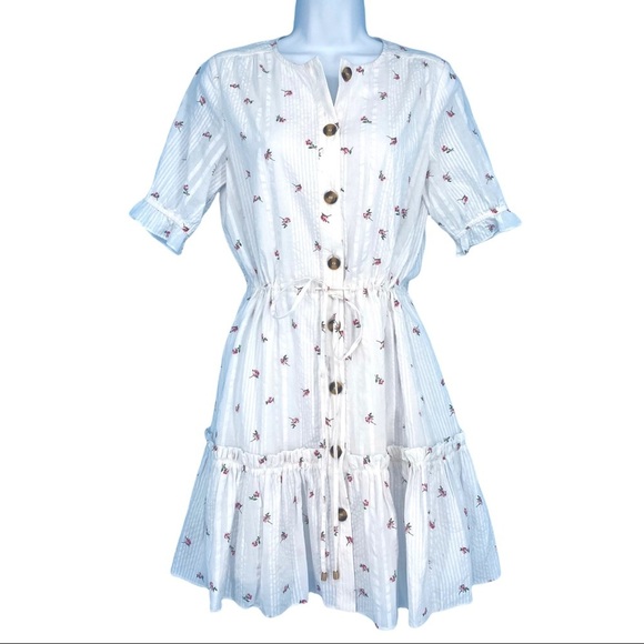 Olivaceous Dress Small Midi Button Front Drawstring Lined Waist Floral White New - Picture 1 of 14